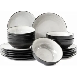 Kombiservice - Hellgrau - Schwarz - für 6 Personen - Keramik - mit Reaktivglasur - Hellgrau, Schwarz