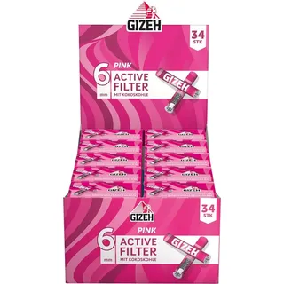 Gizeh PINK Active Filter – Aktivkohlefilter Slim 6 mm Durchmesser – Aktivkohlefilter Slim mit Aktivkohle aus Kokosschale – 27 mm Länge im 10er Pack á 34 Filter