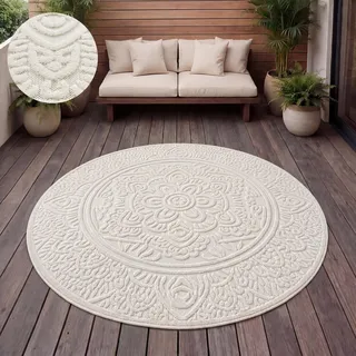 Outdoor Teppich Wetterfest Balkon Wohnzimmer Skandinavisches Boho Einfarbig Grösse 200 cm Rund - Creme
