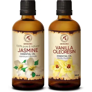 Ätherische Öle Set 2x100ml - Ätherisches Vanille Oleoresin Öl und Jasmin Öl - Jasminöl für Diffusers und Duftlampen - Öle für Seifenherstellung - Vanilleöl für Kerzen und Romantik - Körperpflegeöl