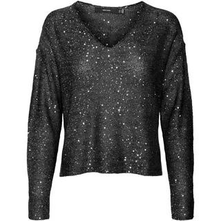 VERO MODA Damen Vmleilani New Ls V-Neck Pullover Strickpullover, Black/Detail:W. Silver Sequins, Small