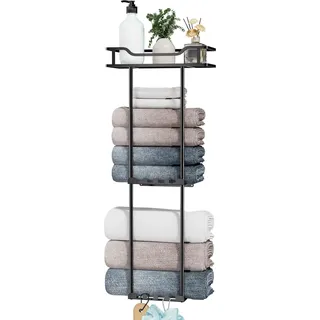 HapiRm Hhandtuchhalter Badezimmer - 3 Schicht Handtuchhalter Wand Montage mit Aufbewahrungskorb, Handtuchregal mit Ablage, Gästehandtuchhalter mit Haken für Handtücher, Aufbewahrung und Organisation