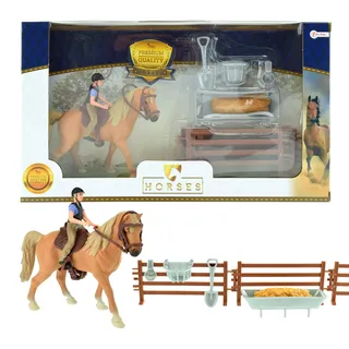 Toi-Toys 37160A  - Braunes Pferd mit Reiter und Zubehör Horse Horses Pferdestall Zaun Pferdeset Reiterset - Bunt