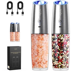 Sangcon 9 oz Hohe Kapazität Pfeffermühlen set USB wiederaufladbar, mit LED-Licht, Einhandbedienung, verstellbare Grobheit, Schwerkrafttyp Automatisches Schleifen(Edelstahl Silber)