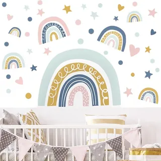 WandSticker4U®- Wandtattoo REGENBOGEN Kinderzimmer pastell blau/rosa/grün I Wandsticker Regenbogen Sterne Herz Rainbow I Wandaufkleber Kinderzimmer Deko Mädchen Junge Wanddeko Babyzimmer