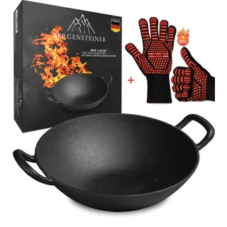 Bergensteiner® Wok aus 100% Gusseisen mit emaillierter Oberfläche | 36 cm ⌀ Groß | Grill, Induktion, Feuer, Gasgrill | Wokpfanne | inkl. Premium Grillhandschuhe