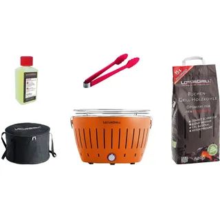 LotusGrill Starter-Set Classic 1x Grill Mandarinenorange mit USB-Anschluß, 1x Buchenholzkohle 2,5 kg, 1x Brennpaste 200ml, 1x Würstchenzange (Farbe nach Vorrat), 1x Transport-Tragetasche - der raucharme Holzkohlegrill