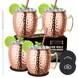 LIVEHITOP 4 Stück Moscow Mule Kupfer Becher Set, 19.5 Oz Handgemacht Cocktail Tasse for Kaltes Getränk, Wein, Bar, Party, Geschenkset, mit 4 Untersetzer