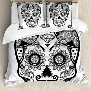 ABAKUHAUS Zuckerschädel Bettbezugs Set Für Doppelbetten, Blumen-Mandala-Kunst, Milbensicher Allergiker geeignet mit Kissenbezügen, Hellgrau Schwarz - Schwarz