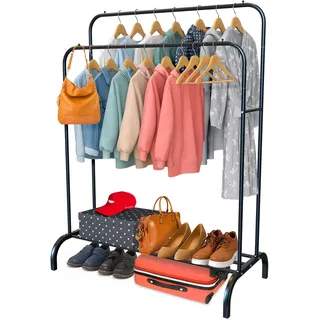 PORTENTUM Robuster Kleiderständer aus Stahl – bis zu 35 kg – Organizer mit doppelter Stange und Schuhregal – freistehende Garderobenständer mit rutschfesten Füßen – Fallschutzkappen für Kleiderbügel