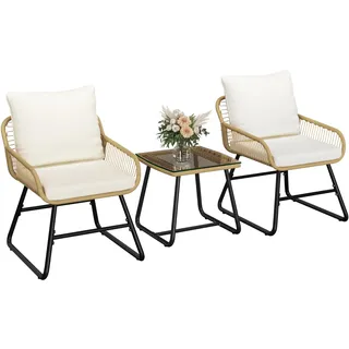 Yaheetech 3-teiliges Poly-Rattan Bistroset Bistrotisch mit 2 Stühlen Gartenmöbel Set Balkonmöbel Kleiner Balkon Lounge Möbel Outdoor, Hellbraun & Cremeweiß