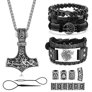 Adramata Wikinger Halskette für Herren Armband Set Thors Hammer Halskette Kette Wikinger Armbänder Wikinger Bartperlen Haarperlen Lederarmband Herren Perlenarmband Wikinger Geschenke Wikinger Schmuck