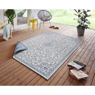 Northrugs In- Outdoor Teppich Leyte Wendeteppich Wetterfest Orientalisches Vintage Design Läufer für Balkon Garten Wintergarten Wohnzimmerteppich Wasserfest in Blau Creme