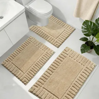 Famibay Badezimmerteppich rutschfest Waschbar Badematte Weich Absorbierende Beige Hochflor Badteppich Badvorleger Teppich Badezimmer Deko Bad Accessoires