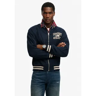 Parka SUPERDRY "TWILL VARSITY BOMBER JKT", Herren, Gr. M, eclipse navy, Web, Obermaterial: 80% Baumwolle, 20% Polyester, bedruckt, relaxed fit normal, hoch geschlossener Ausschnitt, Jacken Parka