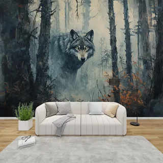 PaxGloz Fototapete Wald Wolf Tapete Nebelwald Grauwolf Tapeten Vliestapete Modern Wandtapete Wohnzimmer Schlafzimmer Kinderzimmer Wanddeko Motivtapeten 300 x 210 cm (B x H)