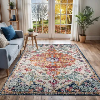 Livabliss Asmara Vintage groß 140x200 cm - Wohnzimmer, Esszimmer, Schlafzimmer, Boho Stil mit buntem Muster in Grau und Orange