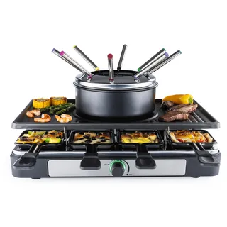 GOURMETmaxx 2-in-1 Raclette mit Fondue | Raclette Set 8 Personen – ideal als Partygrill | Raclette-Fondue-Kombination mit je 8 Pfännchen, Spateln, Fonduegabeln | Raclette mit Fondue-Set mit Fonduetopf
