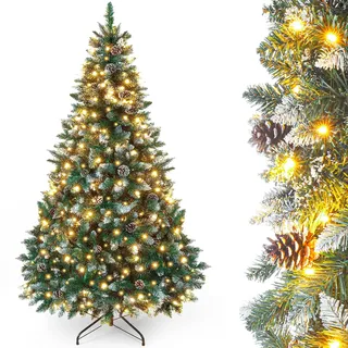 Yorbay künstlicher Weihnachtsbaum mit Beleuchtung und weißem Schnee, LED Tannenbaum für Weihnachten-Dekoration mit echten Tannenzapfen, Feuerbeständig (210CM)