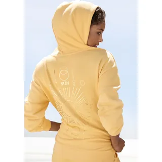 Hoodie BUFFALO, Damen, Gr. 40/42, gelb, Sweatware, Obermaterial: 60% Baumwolle, 40% Polyester, bedruckt, unifarben, loose fit hüftbedeckend, Rippbündchen, Sweatshirts Hoodie, Kapuzensweatshirt mit großem Rückenprint- mit Glanz-Effekt, Loungewear