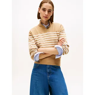 Strickpullover TOMMY HILFIGER "CO JERSEY GOLD BTN MOCK-NK SWT", Damen, Gr. M (38), beige (placed thin beige stp sweaters), Strick, Obermaterial: 75% Baumwolle, 25% Polyamid, gestreift, hüftlang, Rundhals, Pullover Strickpullover, mit goldfarbenen Knöpfen