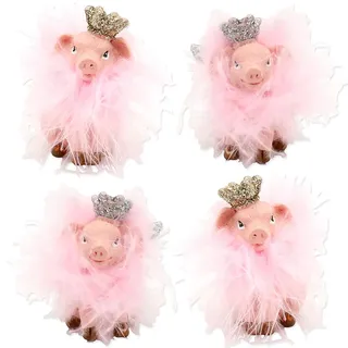 Dekohelden24 Keramik Deko-Schweine mit Krone, Flügeln und Federn, im 4er Set, in Pink-Rosa, L/B/H 3 x 3 x 5 cm.