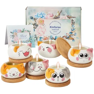 Kinforse Duftkerzen-Set 6er Aroma-Kerzen – Geschenke für Frauen als Geburtstagsgeschenk für Frauen | Duftkerze mit Katzenmotiv & Blumen | Candle aus Sojawachs & Katze Geschenk-Idee