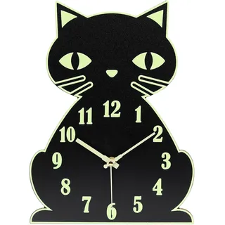 Topkey Leuchtende Nicht tickende leise Wanduhr Tierdesign Uhr für Kind, batteriebetrieben (Nicht im Lieferumfang enthalten) – Schwarze süße Katze