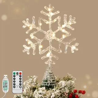 Lewondr Weihnachtsbaumspitze Schneeflocke, 12,2'' Glitzernde Epoxid Christbaumspitze mit 20 LED Birnen, 6 Std. Timer & 8 Modi USB Fernbedienung, Baumspitze Weihnachtsdeko für Innen Feiertag, Silber