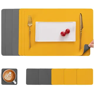 Myir JUN Tischsets Abwaschbar und Untersetzer, Platzset Leder Platzdeckchen Abwaschbar Doppelseitigen Tischsets Umkehrbares Tischset rutschfest Tischset Lederoptik (Grau Gelb, Satz von 6)