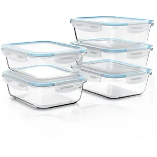 Arendo Frischhaltedose mit Deckel, 5er Set, Vorratsdosen, Glas-Lunchboxen, auslaufsicher, Borosilikatglas, Kunststoff, (5-tlg), Mikrowellen-, Ofen-, & spülmaschinengeeignet, Klickverschluss - Transparent