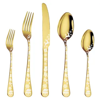40-teiliges Goldbesteck-Set für 5 Personen, Edelstahl mit runder Kante, spülmaschinenfest, für Zuhause und Restaurant, inkl. Messer, Gabel, Löffel - Gold