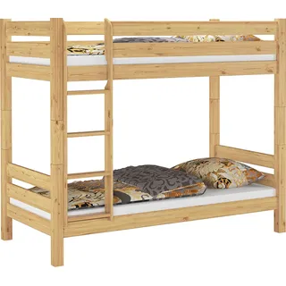 Teilbares Etagenbett Massivholz Kiefer 90x200 Hohes Bett Stockbett Zubehör wählbar V-60.11-09Ni100Rollrost und Matratze inkl. - Naturbelassen