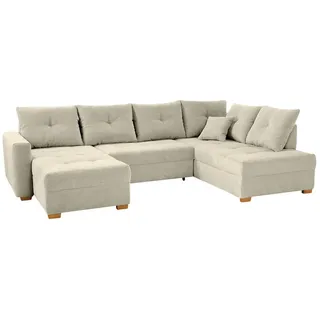 luma-home Wohnlandschaft mit Schlaffunktion und Bettkasten, spiegelverkehrt montierbar U-Form B313/T200/H92 cm, Cord Beige Grau / 15218 , Greige , Textil , Füllung: Polyurethan (Pur) , U-Form,Rechteckig , 313x92x200 cm , Wohnzimmer, Sofas & Couches, Wohnlandschaften, Wohnlandschaften in U-Form