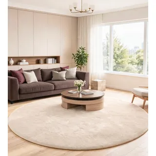 ROHATIM Teppich Rund 90 cm Beige, Flauschiger Kunstfell Teppich in Kaninchenfell-Optik, Ultraweich & rutschfest, Waschbares Deko-Fell für Wohnzimmer und Schlafzimmer