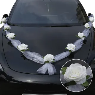 DazSpirit Autoschmuck Hochzeit Weiße, Braut Paar Rose Hochzeitsauto Deko mit Saugnäpfen, Tüll, Kabelbindern und Klebeband, Elegante Girlande Autoschmuck Hochzeit Motorhaube Deko