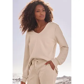 Sweatshirt S.OLIVER, Damen, Gr. 32/34, beige (creme), Rippware, Obermaterial: 100% Baumwolle, unifarben, Basic, bequem hüftbedeckend, V-Ausschnitt, Sweatshirts Sweatshirt, Langarmshirt mit V-Ausschnitt und weiche Rippbündchen, Loungewear