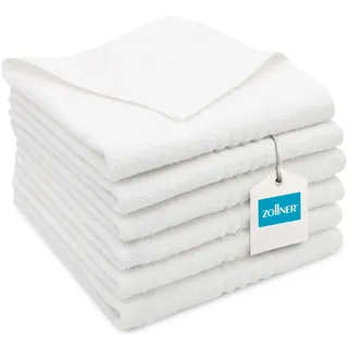 ZOLLNER 6er Set Handtücher in 50x70 cm - saugstarke Duschtücher in weiß - mit praktischem Aufhänger - mit modernen Tiefgangstreifen - waschbar bis 95°C - Baumwolle - Hotelqualität