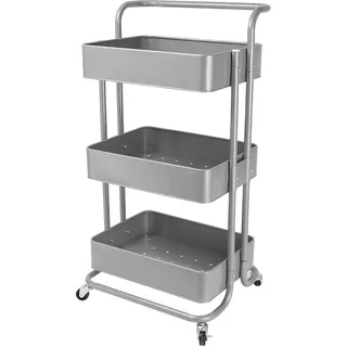 Echtwerk mobiler Servierwagen für Küche/ Bad/ Büro mit 3 Ebenen, Küchenrollwagen, Küchenwagen, Werkzeugwagen, Bastelwagen, Allzweckwagen mit Schiebegriff, Silber-Edition, 43 x 32 x 86 cm