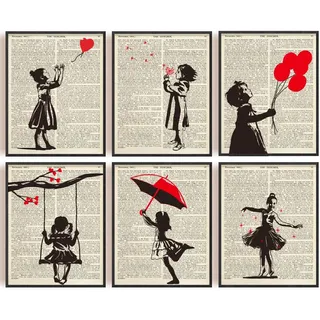 INFUNLY 6er Set Wandkunstdruck „Banksy Girl“ Ungerahmt Graffiti Poster Mit Rotem Ballon 8x10 abstrakte Moderne Leinwandgemälde In Schwarz Und Grau Für Wohnzimmer Schlafzimmer Büro Zimmerdekoration