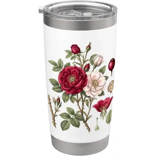 Pflanzlicher Teller mit Blumenmotiv im Vintage-Stil mit blühenden Rosen Doppelwandiger Edelstahl-Thermobecher