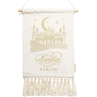 Papierdrachen Ramadan Wandbehang als dekorativer Hingucker - beige & gold - Wandteppich hochwertig bestickt - mit Holzstab - wiederverwendbar - Set 4