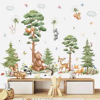 wondever Wandtattoo Waldtiere Baum Groß Wandaufkleber Tiere Bär Reh Pusteblume Wandsticker Wanddeko für Kinderzimmer Babyzimmer Schlafzimmer