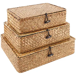 YAYODS 3 Stück Natürlichem Seegras Korb mit Deckel - Rattan Korb mit Deckel - Seegras Geflochten Korb - Rechteckig Rattankorb Weidenkörbe - Aufbewahrungskorb für Badezimmer, Wohnzimmer, Küche