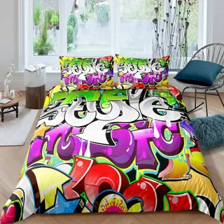 Loussiesd Hippie Graffiti Bettwäsche Set 135x200cm Teenager Hip Hop Stil Betten Set für Kinder Jungen Jugend Graffiti Muster Bettbezug Set Atmungsaktives Straßenkultur Thema Bettwäsche