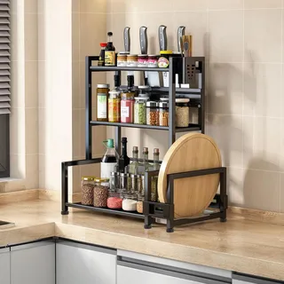 devesanter Gewürzregal Stehend,3 Etagen Großes Fassungsvermögen Gewürzdosen Küchenregal,Metall Organizer für Arbeitsplatte Aufbewahrung mit Utensilienhalter,Schneidebretthalter,mit 6 Haken,Schwarz