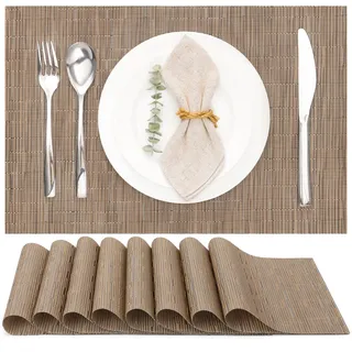 Myir JUN Tischsets Abwaschbar 8er Set, Gewebte Platzdeckchen rutschfest Abgrifffeste Hitzebeständig, Vinyl Platzsets Abwaschbar für küche Speisetisch Hotel, Platz-Matten30x43.5cm (Braun)