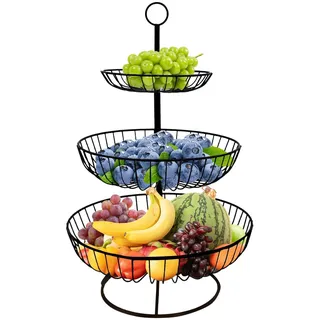 Aiuuee Obst Etagere 3 Stöckig, Obstkorb Etagere Metall, Stabil Obstschale Snackbar Obst und Gemüse Aufbewahrung für Küche(Schwarz)