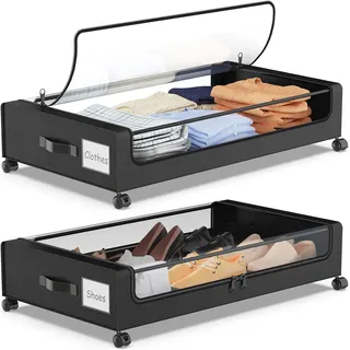 SPEEDEVE 2 Stück Unterbett Aufbewahrungsbox 50L Unterbettkommode mit Rollen Bettkasten Organizer mit PVC deckel Unterbettbox für Kleidung Schuhe Decken Bettwäsche,Schwarz,2er-Pack