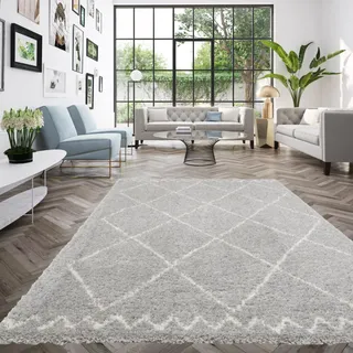 Berber Boho Teppich, Shaggy Teppich, Geometrisches Muster, Teppich 120x170 cm, Weich und bequem, Pflegeleicht, 100% hochwertiges Polypropylen, Hochflor 30 mm, 120 x 170 cm, Grau - Weiß